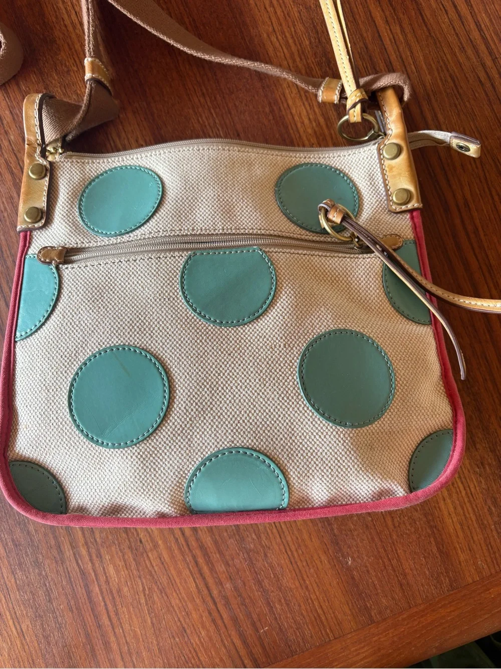 Fossil Cream Canvas Crossbody with Teal Polka Dots and Pink Trim - Picture 6 of 8